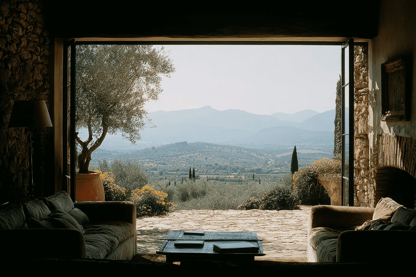 A French countryside view framed by an open stone villa